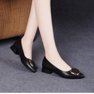 Spring Womens Pointed-Toe Chunky Heel Pumps Soft Leather Low-Heel Work Shoes Metal Buckle Decorated Commuter & Casual Shoes