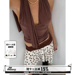 Deep Brown V-Neck Hanging Neck Top Womens Slim Fit Short Length Cotton Polyester Blend Tank Top Multiple Wearings Summer 2025