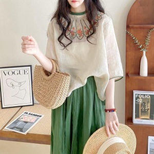Áo Sơ Mi Cotton Lanh Rộng Rãi Thêu Hoa Cổ Tròn Tay Giữa Mùa Xuân Hè Mới Về Phong Cách Nghệ Thuật Cổ Điển Ngọt Ngào Cho Nữ