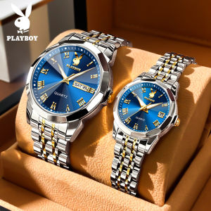 PLAYBOY couple watch waterproof original 2024 new buy 1 take 1 luxury sapphire mirror stainless steel prismatic luminous dial calendar watch for men/women