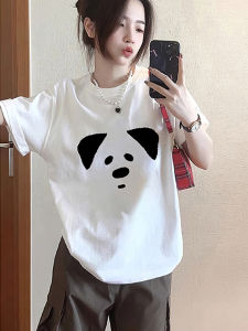 Cotton Round Neck Dog Print T-Shirt for Women Summer Loose Fit Half Sleeve American Retro Style Ideal for Birthday Parties
