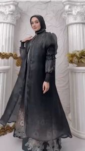 Rayolla set by SOEKHA Gamis set 3in1 Dress Hijab dan Outer bahan armany silk mix organza printing