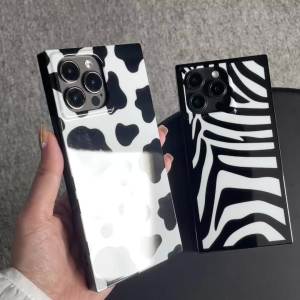 Cow Print Rectangle Phone Case for iPhone 15 Pro Max Cute Retro Rectangled Edge Trunk Design Slim Glossy Sleek Strong Cover(i15promax 6.7"Cow Pattern)
