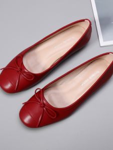 Bow Goatskin Red Shoes New All-Match Square Toe Soft Bottom Red Flats Womens Shoes Leather Low-Cut Low Heel Shoes