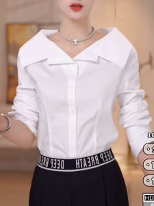 Long Sleeve Loose Fit Womens Shirt Korean Style Casual Flip Collar Design White Top Trendy Commute Fashion Comfortable Shirt