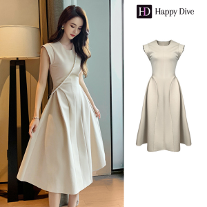 Happy Diva เดรสผู้หญิง เดรสไปงานแต่ง เดรสสีครีม เดรสทรงเอ ผ้าฝ้าย เดรสทำงาน เดรสออกงาน เดรสเซ็กซี่ เดรสเกาหลี ชุดออกงาน ชุดราตรี 5138