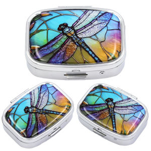 Simple Pattern 2 Compartments Metal Medicine Box Portable Travel Decorated Sealed Small Pill Organizer Container Storage