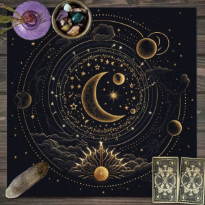 VIKAMA Astrological Energy Tablecloth Black with Gold Planets Waterproof and Stain Resistant Meditation Divination