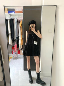 Black French Style Dress Womens Summer New Style Hepburn Sleeveless Vest Flower Bud Skirt Elegant Soft VU Neck H-Line Dress