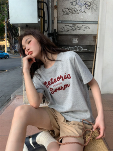 NIHAOKANONG | Áo Thun Cotton Dễ Thương Form Rộng Tay Ngắn Cổ Tròn Kiểu Móc Xích Chữ Cái