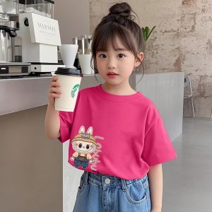 Cute Childrens Cotton T-shirt Summer Short Sleeve Cartoon Print Casual Top Boys Girls Kids Clothing Soft Breathable Sweat Absorbent