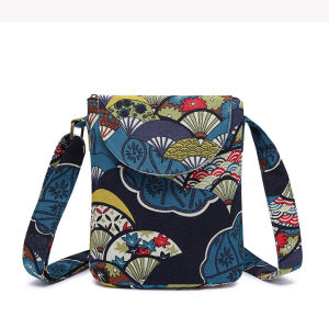 Cotton Printed Canvas Bucket Bag Womens Fashion Crossbody Bag Leisure Ethnic Style Small Size Soft Handbag with Phone Pocket