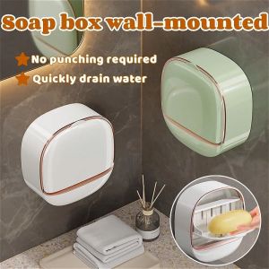 Soap Box Wall-mounted Punch-free Bathroom Soap Holder Organizer Flip-Top Soap Dispenser