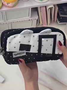 [TL]【SA】1Pcs Portable Blue Pencil Case Polka Dot Print Cute Cat Pencil Pouch Large Capacity Stationery Organizer School Supplies