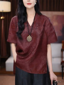 QINGNAER | Elegant Retro Style Summer Red Jacquard V-Neck Slim Fit Short Sleeve Shirt
