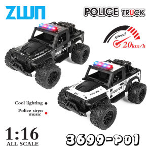 ZWN 1:16 Alloy High Speed Off-Road Police Truck RC Car with Music Sound and LED Lights Outdoor Toy 2.4G Remote Control Cars