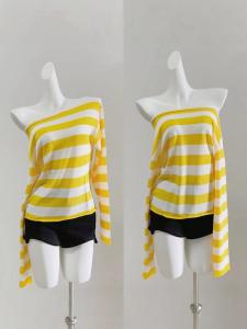 Ruckmode Knitted Casual Loose Long Sleeve T-Shirt One Shoulder Stripe Pattern Autumn Commute Style Womens Fashion Top