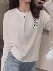 เสื้อยืดคอกลมแขนยาวสีขาว ผ้าฝ้ายแท้ ทรงหลวม ทรงหลวม ลายหมีแพนด้า ทรงพอดีตัว สำหรับผู้หญิง เสื้อผ้าทำงานสไตล์เกาหลี