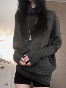 Korean Style Vintage Irregular High Collar Batwing Sleeve Sweater Womens Autumn Winter Loose Feeling Lazy Style Knitted Top
