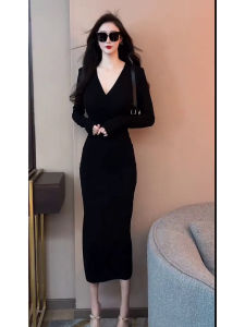 Elegant Black Wrap Body V-neck Long Dress Hepburn Style Slimming Womens Fashion Spring Autumn New Arrival Anfeiqi Brand