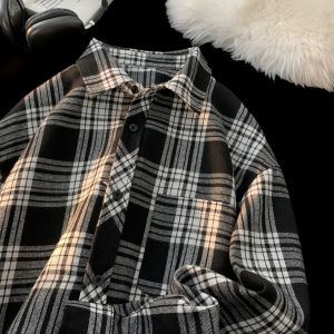 American Style Mens Long Sleeve Loose Fit Collared Shirt Trendy Brand Casual Top for Spring Autumn Polyester Cotton Blend