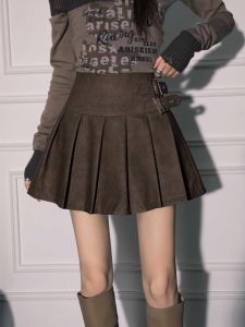 Váy Ngắn Xếp Ly Cạp Cao Màu Nâu Cà Phê Pha Trộn Polyester Váy Ngắn Chữ a Thời Trang Mùa Thu 2025 Cho Nữ