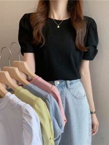Puff Sleeve T-shirt Womens Black Stylish Unique Short-Sleeved Summer Chic Shirt Slim-Fit French Style Thin round Neck Top