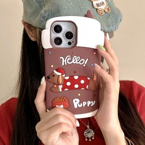 💗Internet celebrity trend+In stock+COD 3D Cute Cartoon Christmas Dog Phone Case for iPhone 13 14 15 Pro Dachshund Puppy Xmas Gifts Soft Silicone Cover for 16 Pro Max