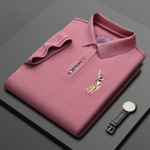 ROMON | Lormen Mens Short Sleeve Polo Shirt Summer Thin Ice Silk Business Casual Embroidered With Collar Top Pure Cotton T-shirt