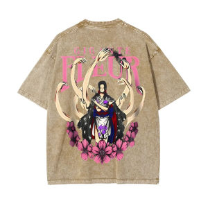 Bandai | One Piece Mens and Womens Washed T-Shirt Nico Robin Clothing Summer and Spring Anime Tee Retro Distressed Short Sleeve