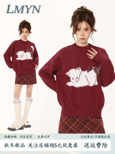 Christmas Theme Thickened Woolen Knitted Sweater for Women with Red Bowtie Cat Head Design Autumn Winter Loose Fit Style