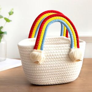 Rainbow Clouds Cotton Rope Woven Handbag Women Handmade Desktop Storage Organizert Picnic Fruit