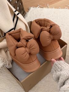 Womens Thin Stripe Sweet Bows Snow Boots New Arrival Winter Internet-Famous Outdoors All-Matching Warm Waterproof Pu Cotton-Padded Shoes
