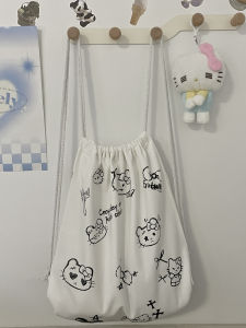 Original Cute Doodle Kitty Cartoon Canvas Backpack Large Capacity School Class Drawstring Bag Girl Heart Backpack Leisure Bucket Shape