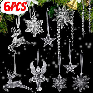 6Pcs Crystal Clear Snowflake Christmas Tree Pendants Icicle Decorations For Holiday Winter Party Transparent Hanging Ornament
