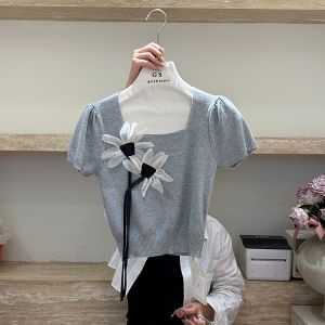 Elegant 3D Floral Short Sleeve Knitted Shirt Womens Slim Fit Summer New Style Small Fragrance Style Versatile Short Length Top