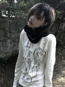 Áo Thun Dài Tay Màu Trắng Y2K Henry Dành Cho Nữ Mùa Thu Dáng Rộng Áo Chui Đầu in Họa Tiết Khóa Kéo Phong Cách Đường Phố Cotton Nguyên Chất