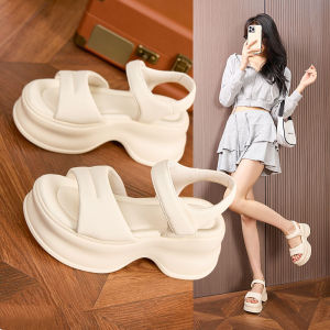 Casual Real Leather Sandals Womens Thick Bottom Soft Sole Platform Roman Style Slip-On Summer Shoes Comfortable Low Cut