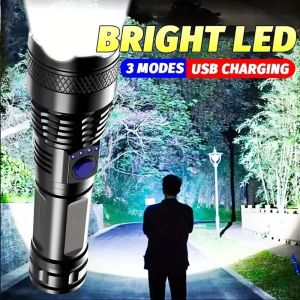 Rechargeable Camping Torch High Power Led Flashlight ABS Material With 3 Lighting Modes For Adventure Camping Outdoor Etc.