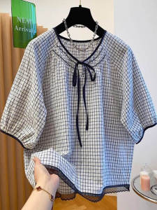 เสื้อเชิ้ตผู้หญิงแขนสั้นลายสก็อตสไตล์เกาหลี ทรงหลวม ทรงพอง ทรงปกติ คอตั้ง แขนสั้น ฤดูร้อน 2025 ใหม่