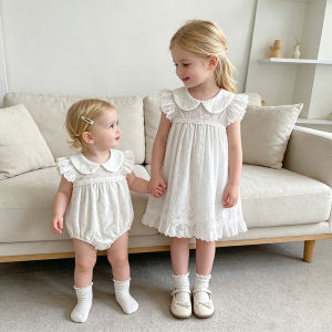 2026 New Summer 0-24M Baby Girl Short Sleeves Cotton White Romper 2-6Yrs Kids Princess Sweet Embroidery Dress Sister Dress