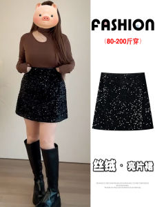 plus Size Womens Black Velvet A-Line Mini Skirt Shiny Sequins New Years Outfit High Waist Bodycon Short Skirt Korean Style