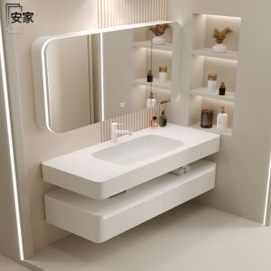 Modern Simple Bathroom Vanity Set round Corner Integrated Basin Washstand Face Washing Basin Cabinet Rubber Wood Material