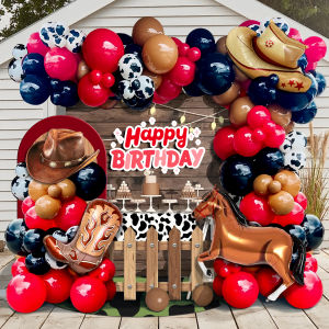 105pcs brown black Red Balloon Arch set with Boots Cowboy hat balloons and Brown horse balloons for Western cowboy themed birthd