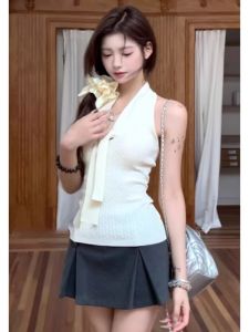 YUEZHONGWEI | French V-neck Lace Splicing White Knitted Strapless Vest Women Summer Outdoor Wear Slim Fit Short Sleeveless Top