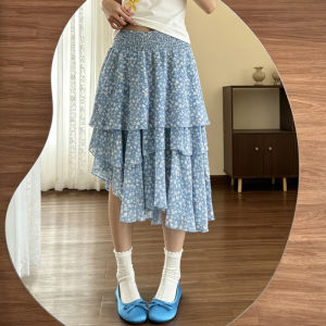 LANMENGYA | Blue Floral Summer Thin Petite Asymmetrical High Waist Layered Half Skirt