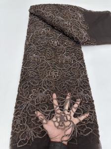 Luxury Fashion Sequins Lace Fabric 5 Yards High Quality African Beaded Tulle Mesh Lace Fabric For Nigerian Wedding Dress M740-1