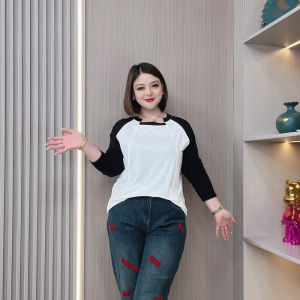 Loose Shoulder Insertion Long Sleeve Base Shirt Womens plus Size Mid-Length Top Korean Style Commute Cotton Blend Autumn New Design