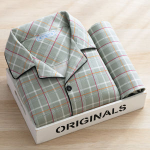 ชุดนอนผู้ชายไซส์ใหญ่พิเศษชุดนอนแบบเรียบง่ายลายสก็อตเสื้อคาร์ดิแกนมีกระดุมเสื้อลงบนและกางเกงชุดใส่นอน