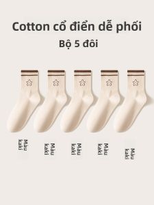 JINGCHI | Tất cotton dài đến bắp chân cho nữ mùa thu đông họa tiết sọc tất đế bằng thường ngày thấm hút mồ hôi thoải mái